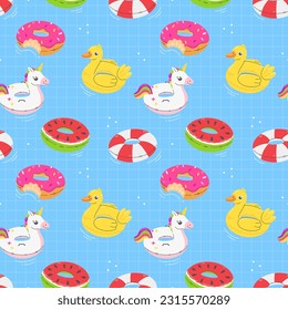 Seamless pattern with rubber rings unicorn, duck, donut, watermelon in the pool in cartoon flat style. Vector summer illustration background.