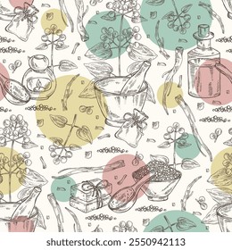 Motif harmonieux de rubia cordifolia: rubia cordifolia plante, feuilles, baies de manjishta et racines de rubia cordifolia. Manjishta. Huile, savon et sel de bain. Cosmétiques et plantes médicales. Image vectorielle