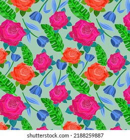 Seamless pattern of rubine red and scarlet color roses , dark cornflower blue tulip flower with Ao English color  banana leaf on Cambridge blue color background. Beautiful textile design, wallpaper.