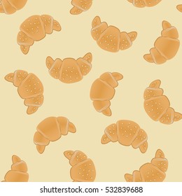 Seamless pattern with ruddy croissants for wrapping, kraft, cards, textile, print. Croissant with sesame seeds.Bakery products background. Vector colorful illustration