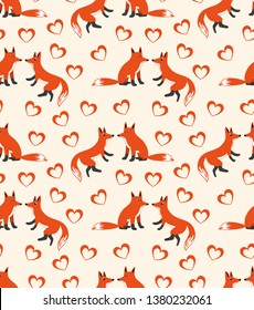 Seamless pattern, rufous foxes and hearts on a light background.