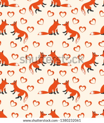 Seamless pattern, rufous foxes and hearts on a light background.