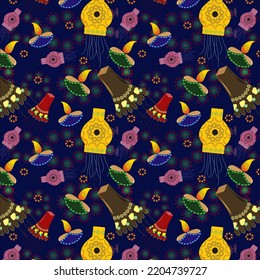 Seamless pattern of rufous, mystic,cafe noir, mikado yellow color sky lantern or lamp or aakash kandil with midnight blue,british racing green oil lamp on Russian violet background. diwali festival.