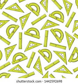 Seamless pattern from rulers of green color on a white background in kawaii style