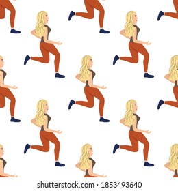 Nahtloses Muster mit einer liebevoll schönen Mädchen Sportlerin auf weißem Hintergrund. Junge Frau im Flachstil beschäftigt sich mit körperlicher Bildung. Starker gepumpter Mann.
Stock-Vektorgrafik für Design