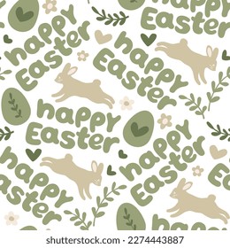 Seamless pattern with running bunnies, eggs and Happy Easter text