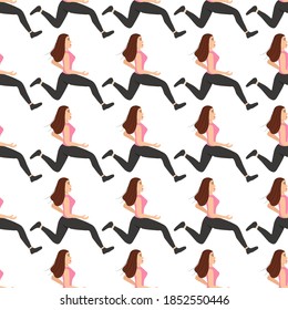 Seamless pattern with a running charming girl sportswoman on a white background. Young woman in flat style is engaged in physical education. Strong pumped man.
Stock vector illustration for design