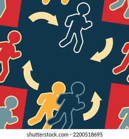 Seamless pattern with running colorful men and rounded arrows on a blue background. Vector illustration