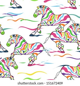 Seamless pattern of running colorful zebras