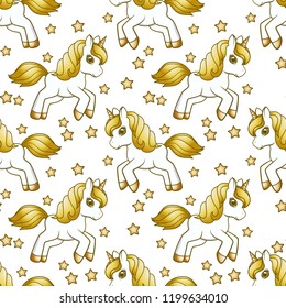 Seamless pattern with running cute Cartoon Unicorn and stars. Vector illustration
