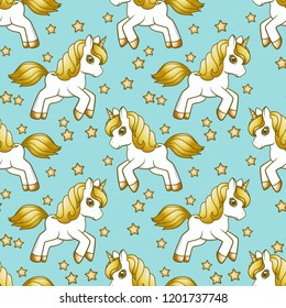 Seamless pattern with running cute Cartoon Unicorn and stars. Vector illustration
