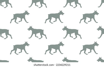Patrón sin foco. Corriendo perrito doberman pinscher aislado sobre fondo blanco. Silueta de perro. Textura sin fin. Diseño de papel pintado, tela, decoración, plantilla, diseño de superficie. Ilustración vectorial.