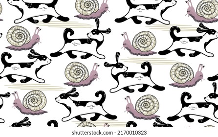 Seamless pattern with running dog and snail in cartoon style.Black,white and lilac colors background and texture for printing on fabric and paper.Vector hand drawn isolated illustration for kids.