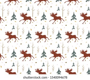 Seamless pattern with running elk in the autumn forest. Vector texture with a silhouette of a moose, trees and leaves. Graphic color print for textile and fabric.