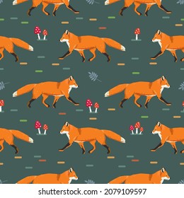 Seamless pattern with running foxes, leaves, and mushrooms