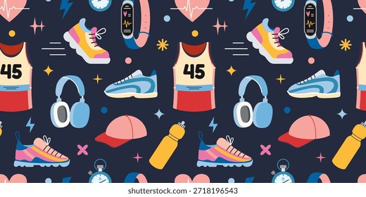 Padrão perfeito com equipamentos de corrida e acessórios para corrida, treinamento esportivo e estilo de vida ativo. Ilustração vetorial na moda em um fundo azul escuro, desenhado à mão, design plano