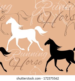 Seamless pattern with running horses and text. Vector illustration.