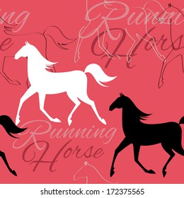 Seamless pattern with running horses and text. Vector illustration.
