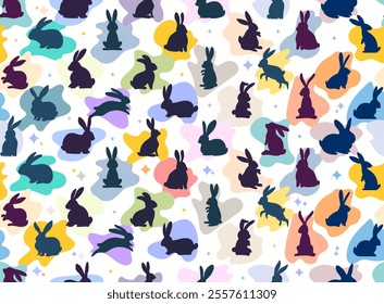 Seamless pattern with running, jumping rabbits colored colors. Chinese new year 2025. Seamless pattern for holidays, poster, background, gift wrapping, Endless vector pattern with rabbits.