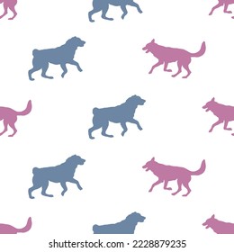 Seamless pattern. Running and jumping two dogs. Central asian shepherd dog and czechoslovak wolfdog. Dog silhouette. Endless texture. Design for wallpaper, wrap, fabric, decor. Vector illustration.