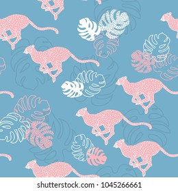 seamless pattern running leopard and tropical leaves, vector illustration with wild cat