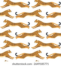 Padrão contínuo com leopardos correndo ou chita no fundo branco. Ilustração vetorial.