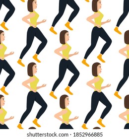 
Seamless pattern with a running matchless girl athlete on a white background. Young woman in flat style is engaged in physical education. Strong pumped man.
Stock vector illustration for design