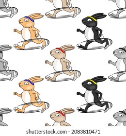 Seamless pattern with running rabbits on white background. 