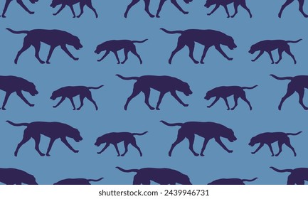 Seamless pattern. Running russian hound isolated on a blue background. Endless texture. Design for wallpaper, fabric, print, template. Vector illustration.