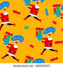 Seamless pattern with Running Santa with Gifts - Christmas and New Year. Modern wrapping paper of cheerful Santa Claus.