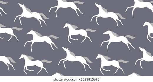 Seamless pattern with running silhouettes of horses. The herd of animals moves forward. Vector graphics.