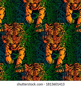 Seamless pattern - a running tiger among the bamboo thickets. Tropical background with wild predator