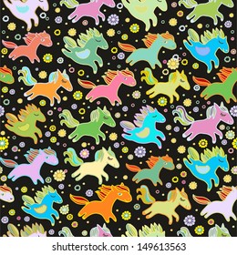 Seamless pattern with running toy horses