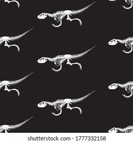 Seamless pattern with running tyrannosaurus dinosaur silhouette in isolated on black background. Vector illustration