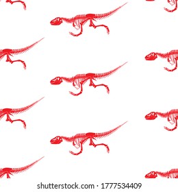 Seamless pattern with running tyrannosaurus dinosaur silhouette in isolated on white background. Vector illustration