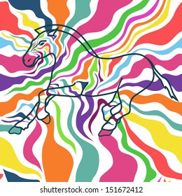 Seamless pattern of running zebra on a colorful zebra skin background