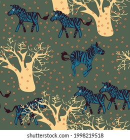 seamless pattern with running zebras and african trees, vector disign for paper, fabric and other surfaces