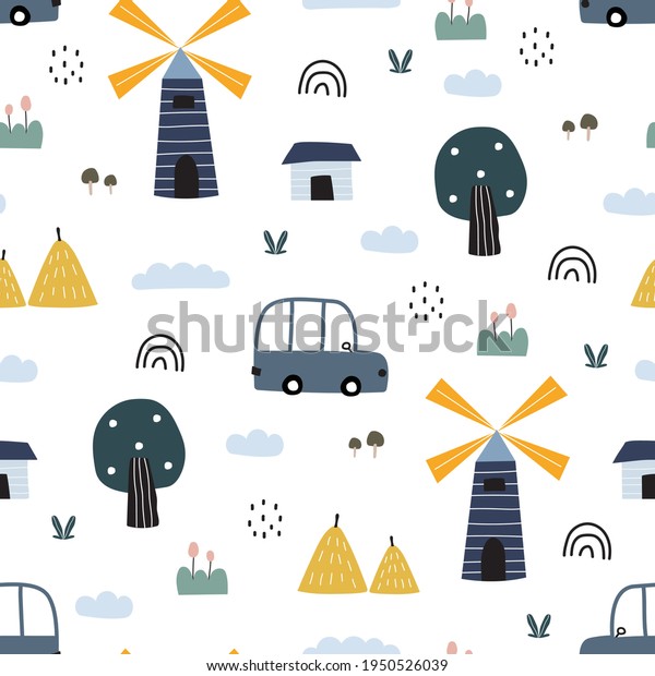 Seamless pattern Rural village cartoon background\
with houses and windmills Vector colorful summer hand-drawn design\
flat style used for print, wallpaper, decoration, fabric, textile,\
wrapping paper