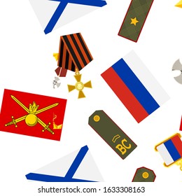 Seamless pattern of russian army military icons vector illustration. Background with russian army elements.