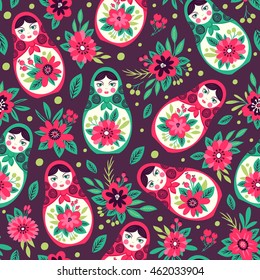 Seamless pattern with Russian dolls. Matreshka