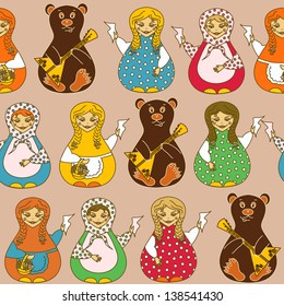 Seamless pattern of Russian dolls matrioshka and bears