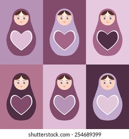 Seamless pattern Russian dolls matryoshka with hearts on purple background. Vector