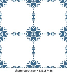 Seamless pattern (Russian embroidery) geometric flower, blue grid on a white background