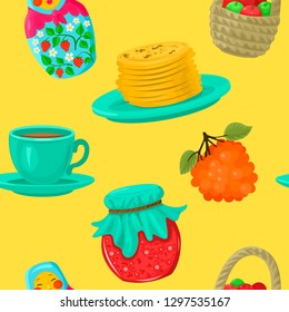 Seamless pattern with russian food and matryoshka. Pancakes and jam are the symbols of the Russian holiday Maslenitsa. Vector bright seamless pattern of Russian cuisine items.