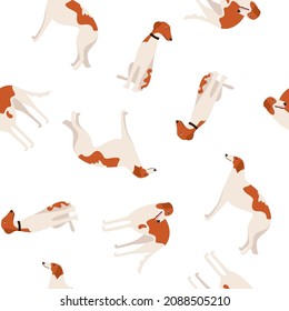 Seamless pattern with Russian Greyhound or Borzoi dog breed. Fabric design with cartoon dogs. Vector illustration of a pet flat