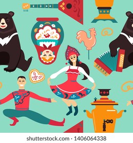 Seamless pattern of Russian icons traditional items souvenir. Vector illustration of brown bear, folk dancers, musical instrument, doll, lollipop, gingerbread, tea. Symbol of Russia flat design