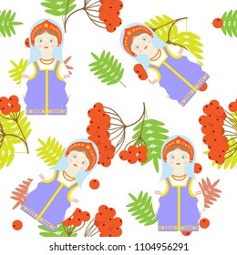 Seamless pattern with Russian matryoshka and red mountain ash on a white background. For decorating textiles, packaging. Vector illustration.
