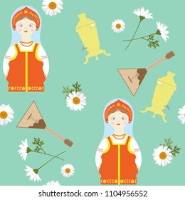 A seamless pattern with a Russian matryoshka, samovar, balalaika and chamomile For decorating textiles, packaging. Vector illustration.
