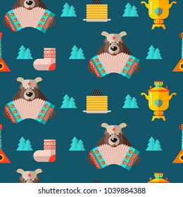 Seamless pattern. The Russian national tradition. Russian bear with an accordion, pancakes with caviar and a samovar. Vector illustration.