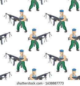 seamless pattern of a Russian paratrooper with two machine guns on a white background. Vector image eps 10